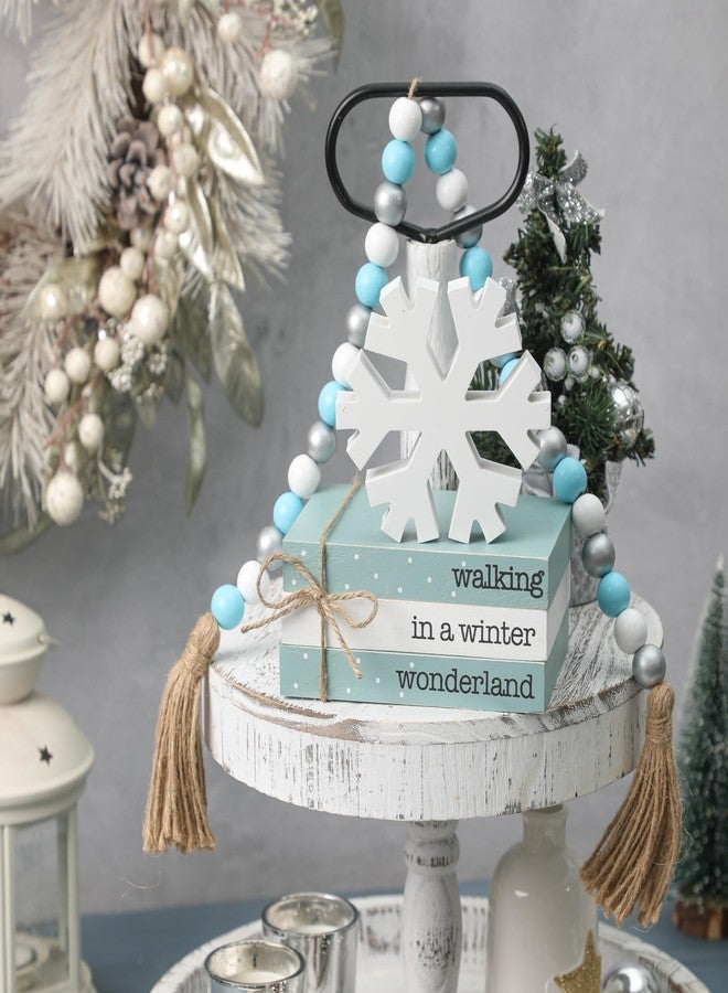 WODOHOLO 5Pcs Winter Wooden Tiered Tray Decor, Wooden Book Stacks Bundle with Snowflake Table Decor, Blue Xmas Rustic Farmhouse Tabletop Centerpieces Home Kitchen Decoration - Image 4